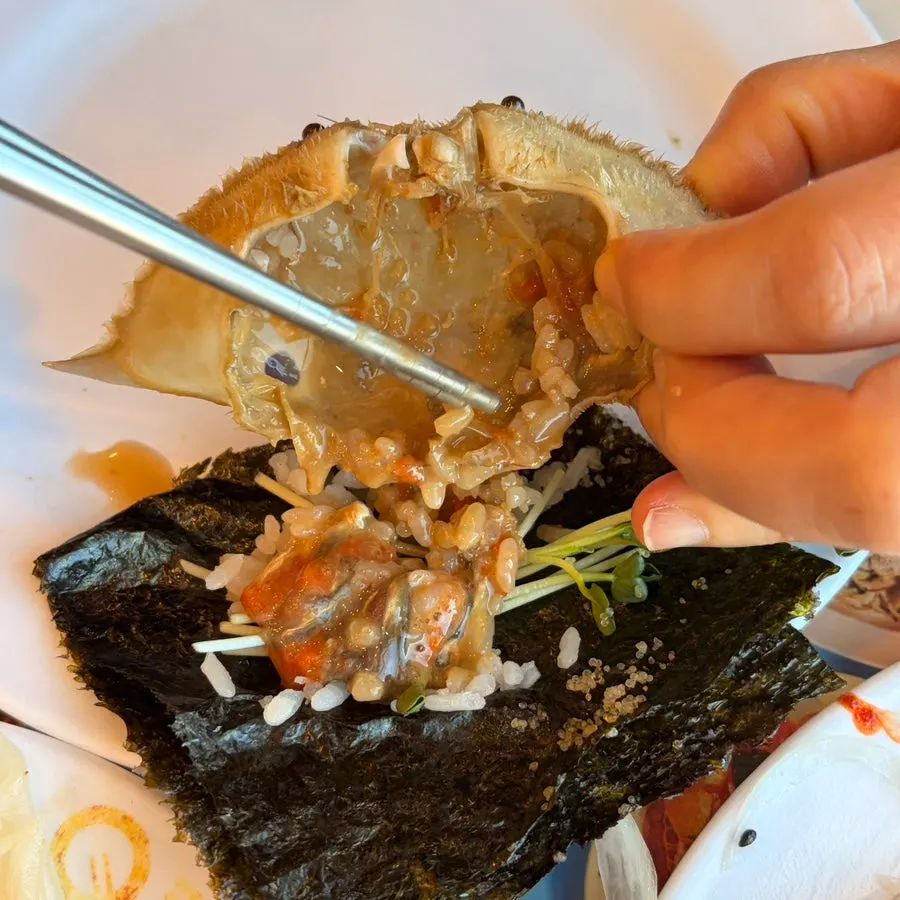 A plate piled high with roe-packed soy crab