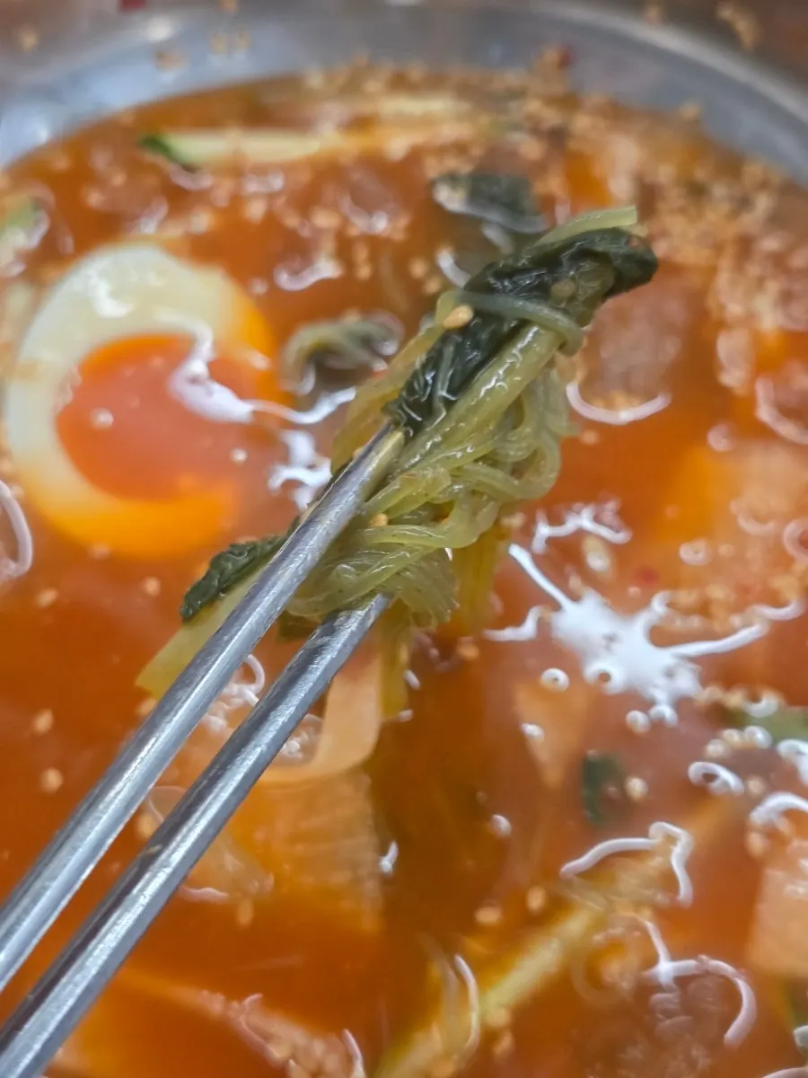 Close-up of chlorella noodles in the yeolmu mul naengmyeon