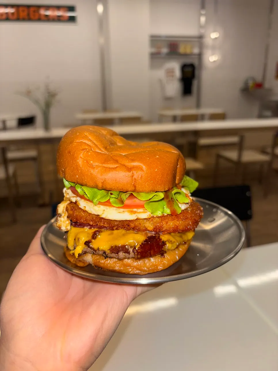 Hangover Burger with hash brown and fried egg
