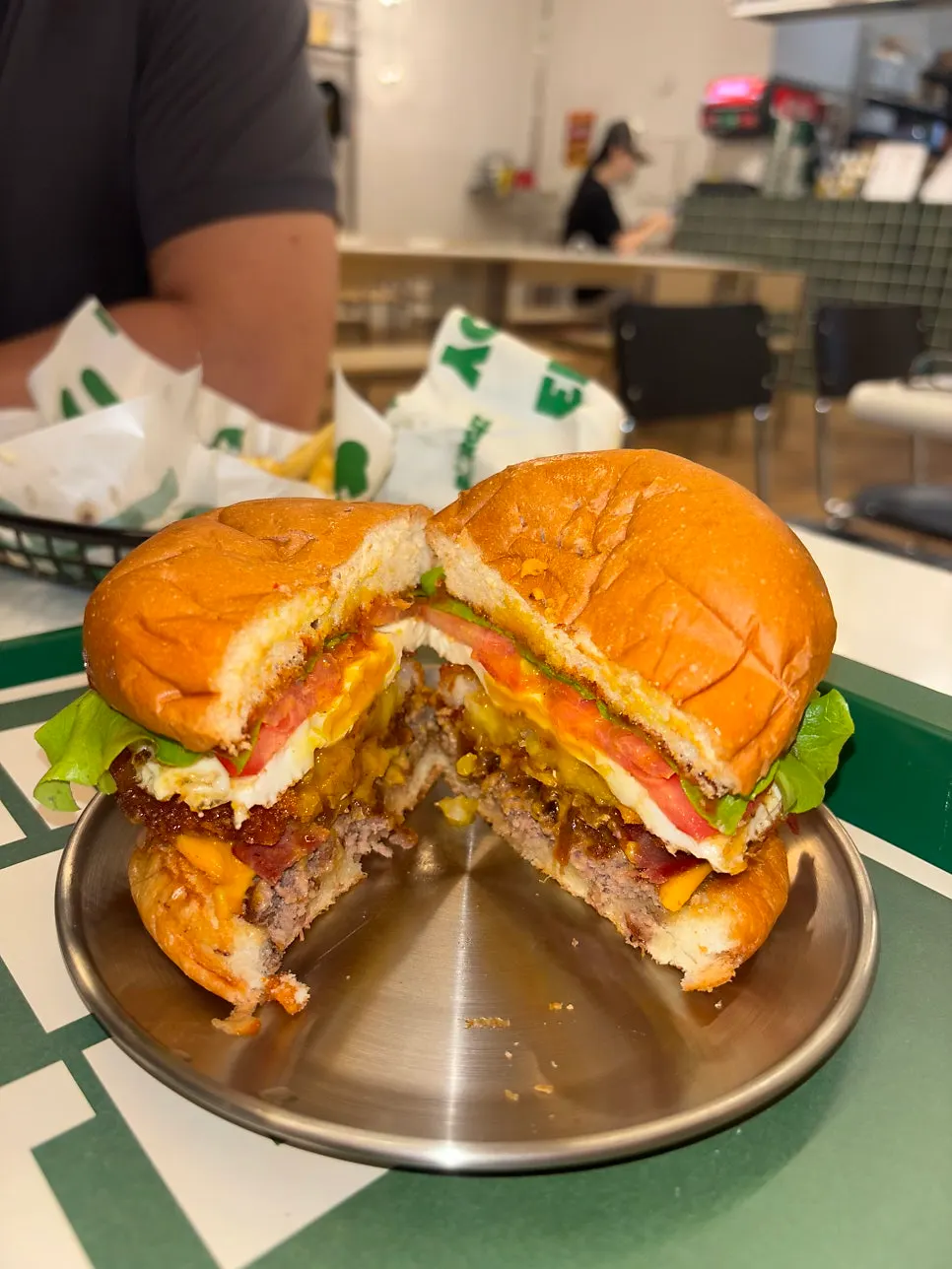 Cross-section of the Hangover Burger showing the beef patty