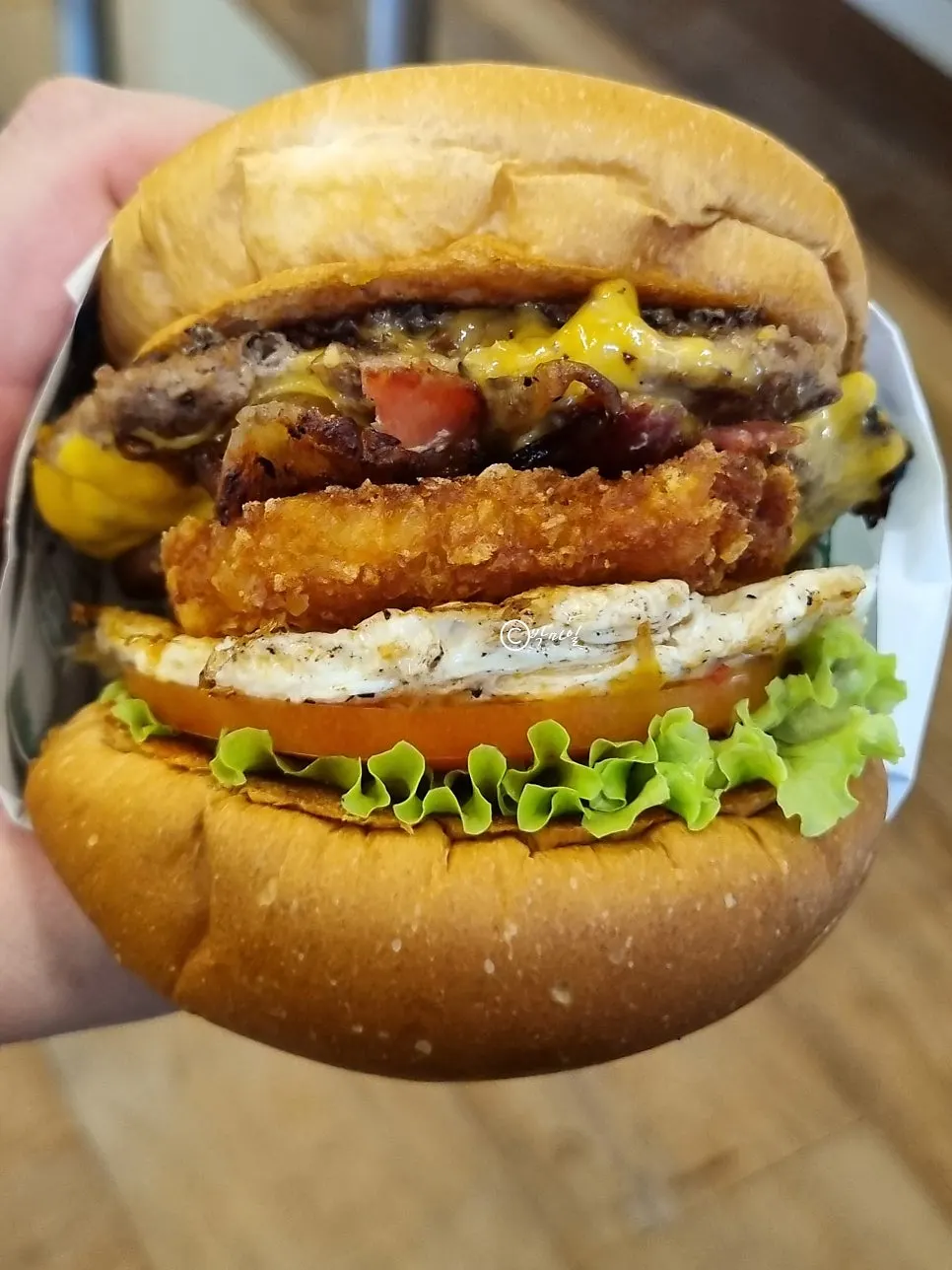 Close-up of Hangover burger toppings