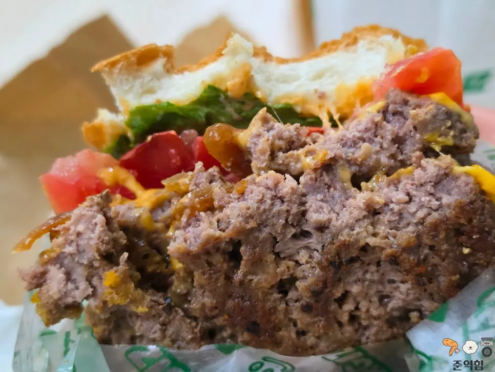 Cross-section of a bitten-into double cheeseburger