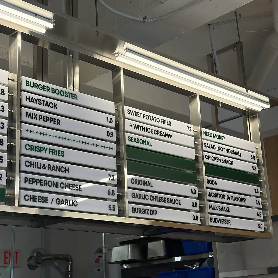 Menu showing prices for the Cheese burger and Cheese Bang