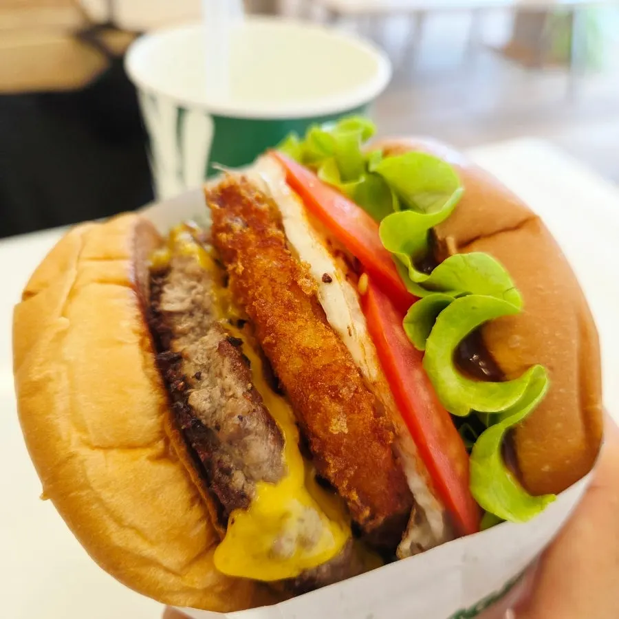 Hangover burger with a thick patty and hash brown