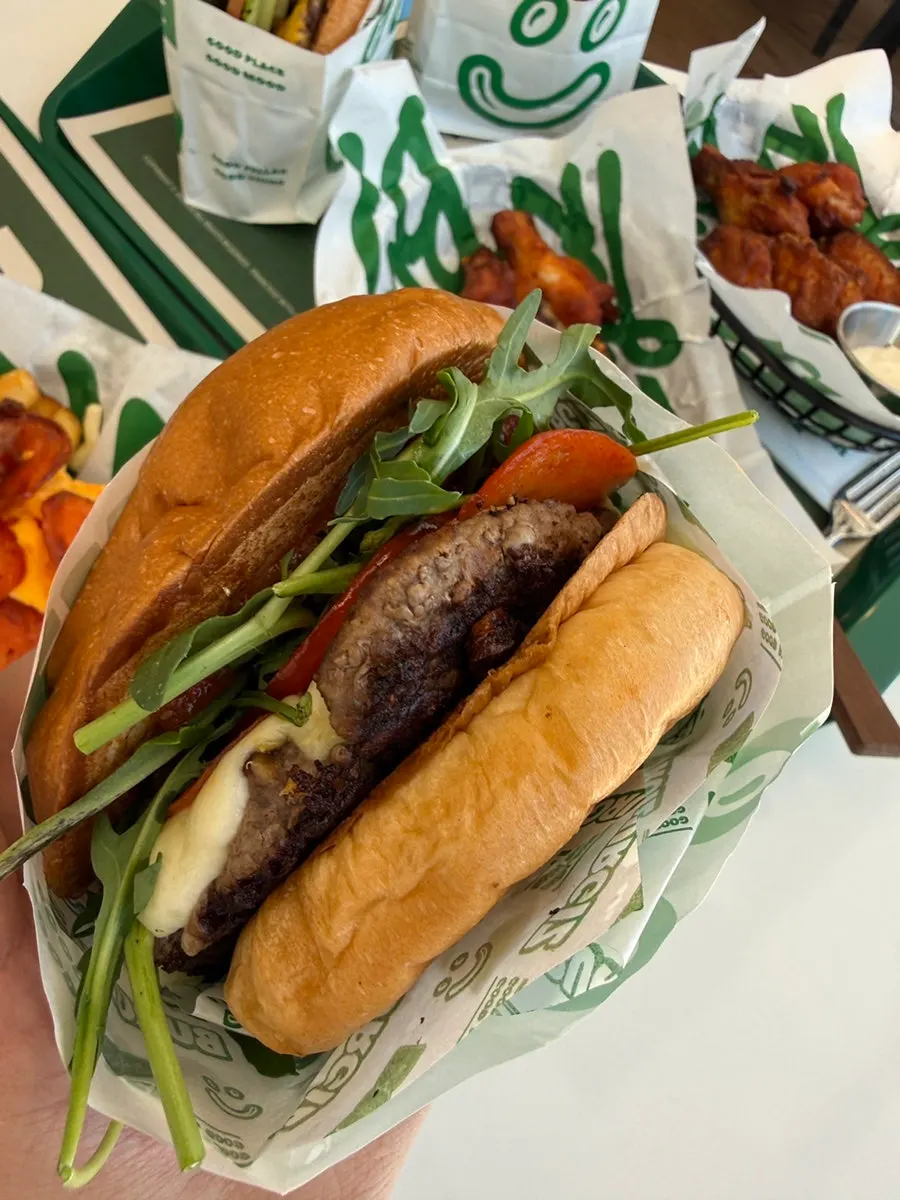 Table shot with burgers and fries together