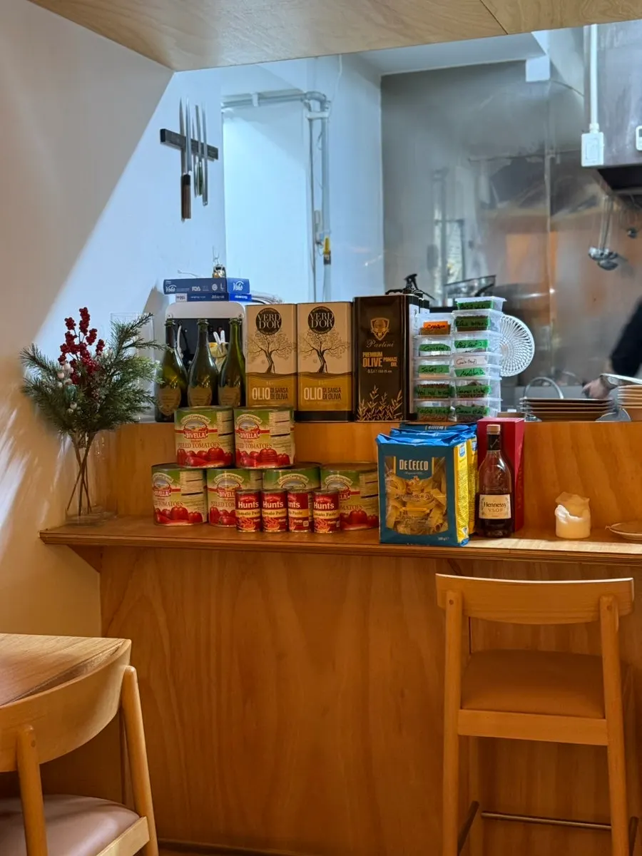 Coat rack area in the middle of the restaurant