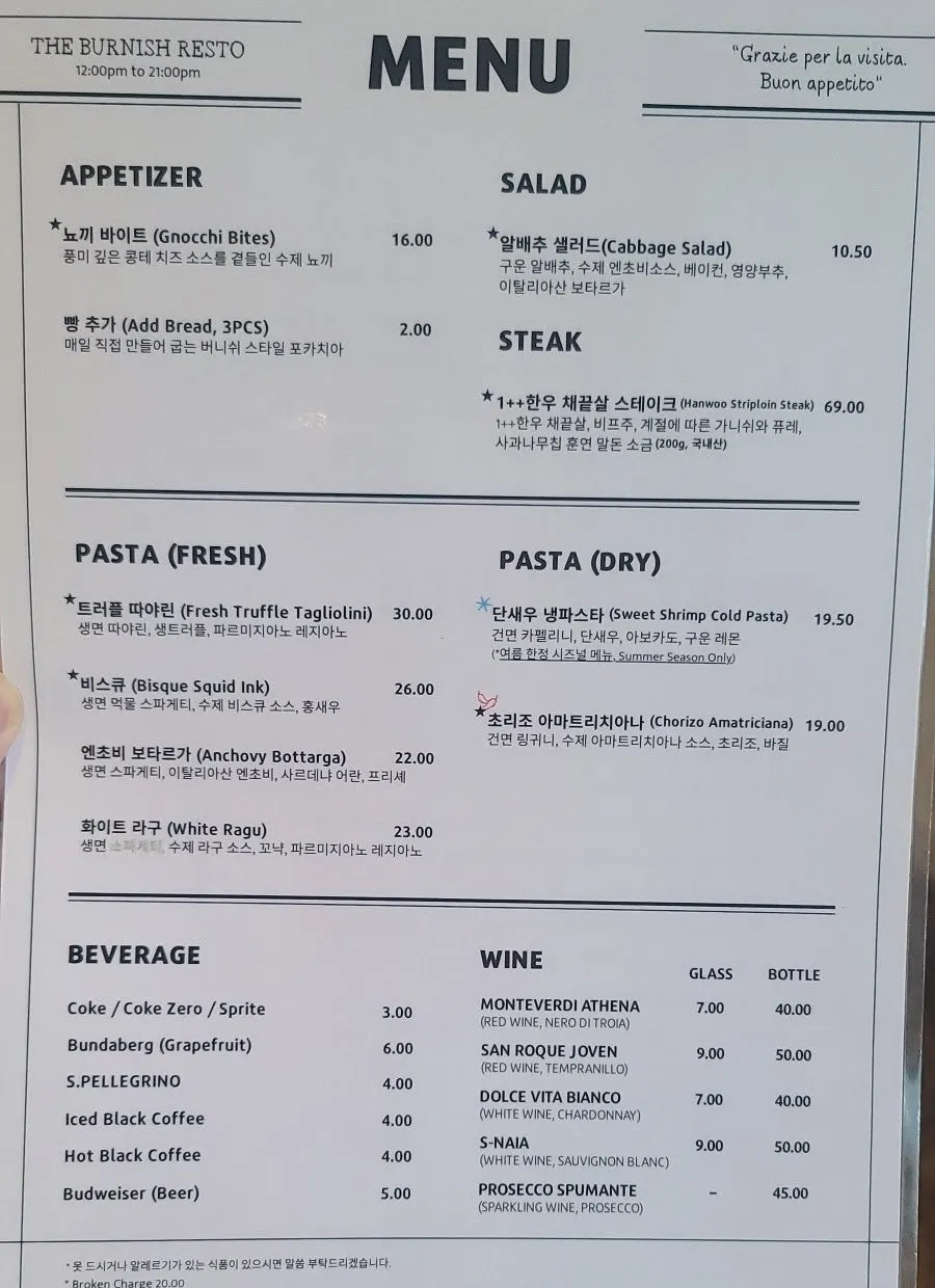 Burnish Resto's pasta menu board