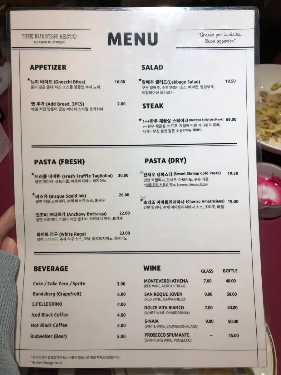 Burnish Resto's Italian menu board