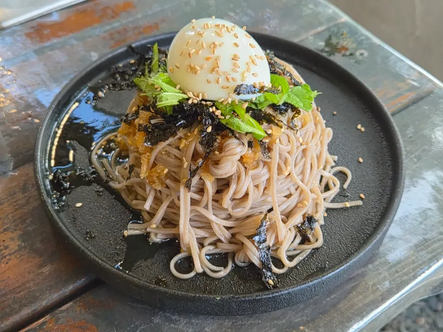 Perilla oil buckwheat noodles mixed and ready to eat
