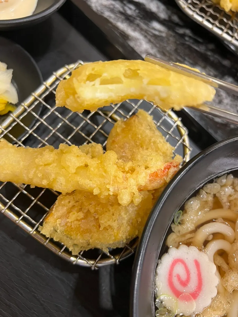 Shrimp, kabocha squash, and potato tempura