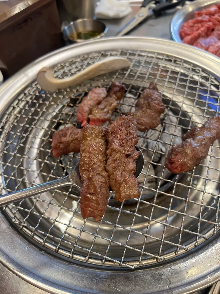Grilled beef rib meat with scallion salad
