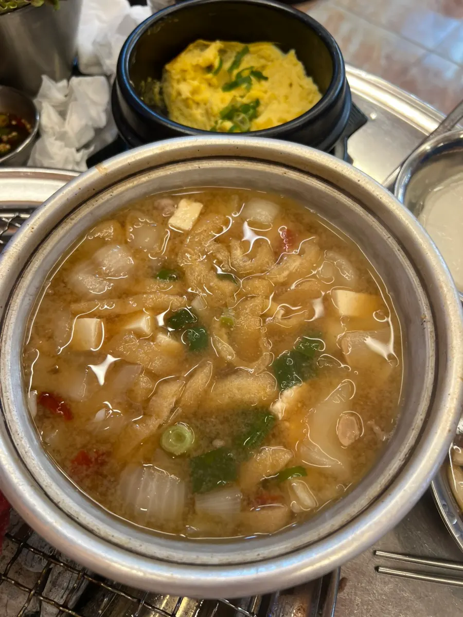 Home-style soybean paste stew in an earthenware pot