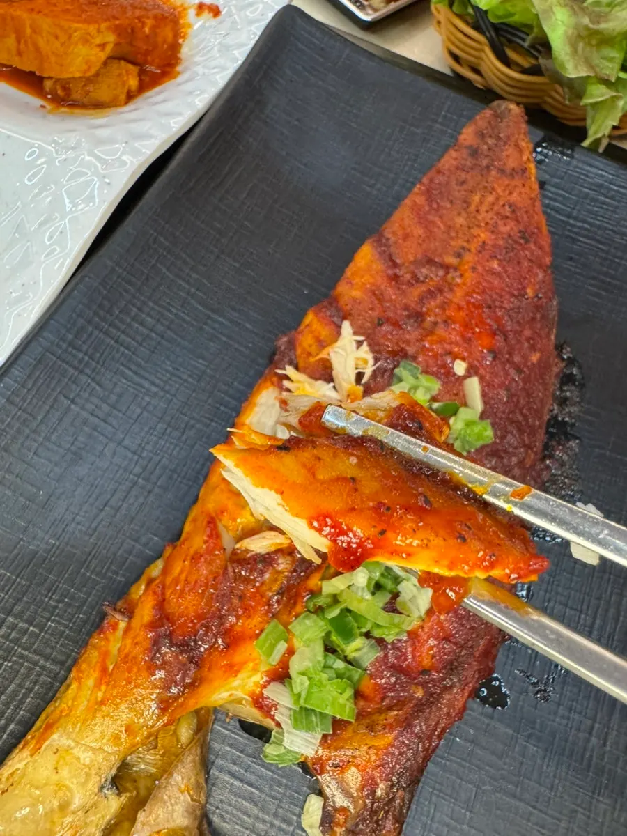 Close-up of seasoned mackerel flesh