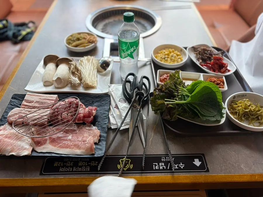 Tables inside the Korean barbecue restaurant