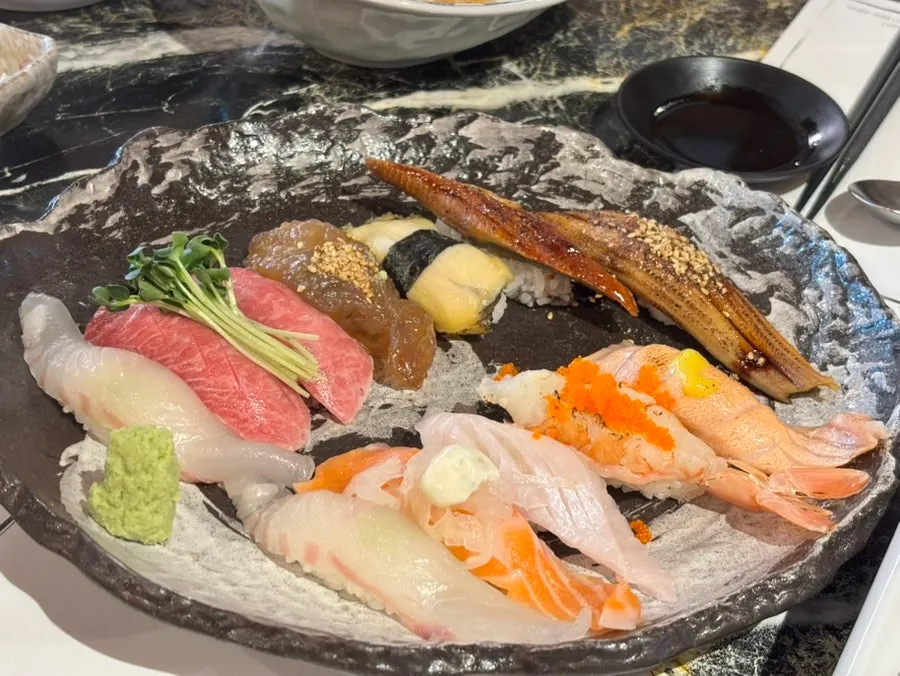 Close-up of the salmon sushi plate