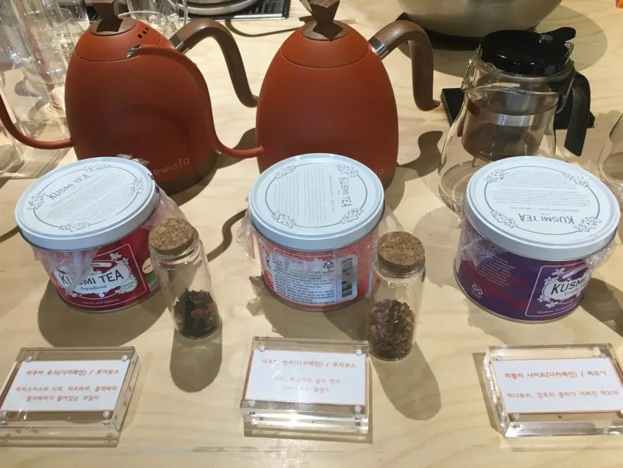 Display shelf with a variety of teas