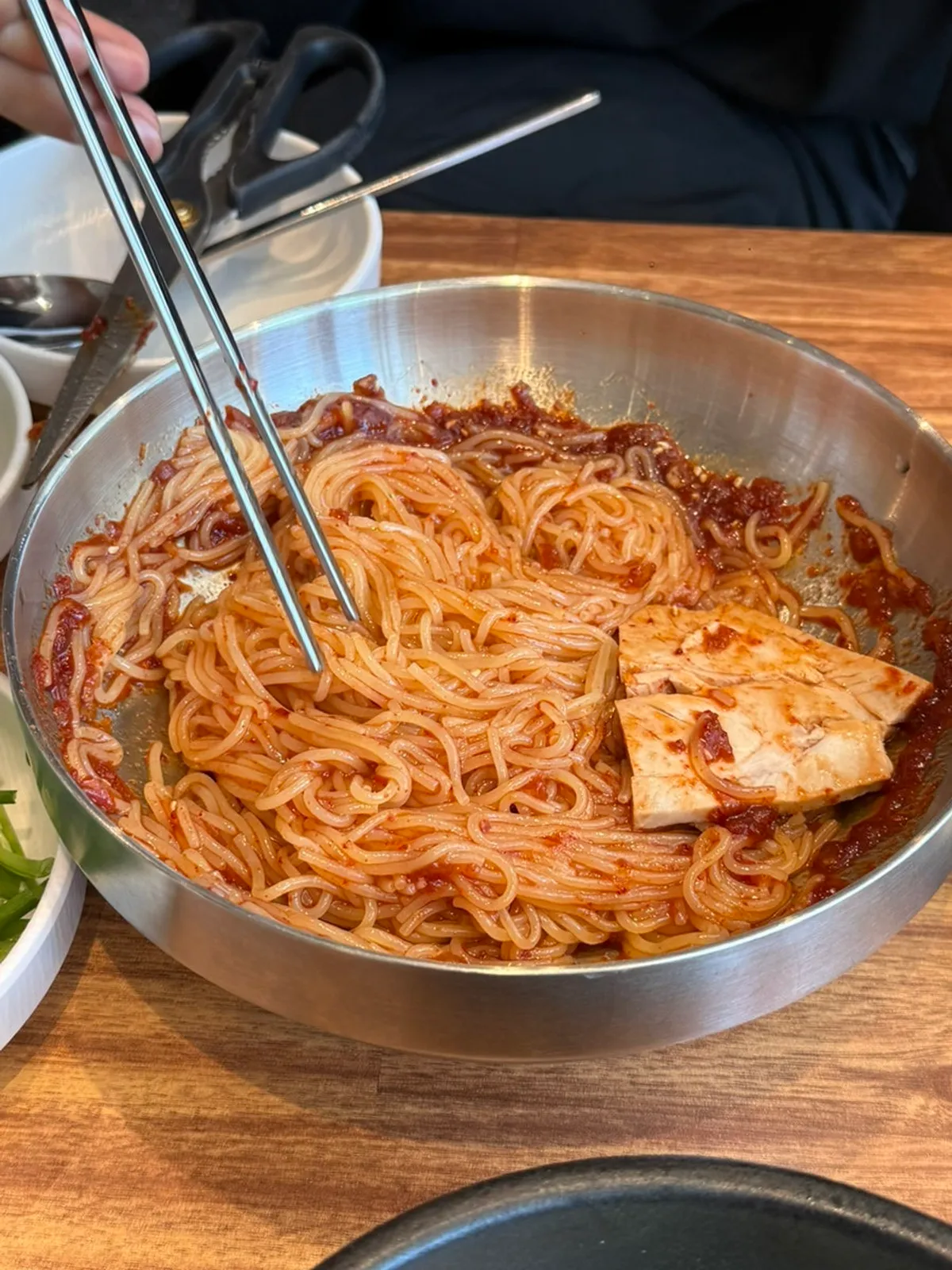 Mixed bibim milmyeon noodles and meat