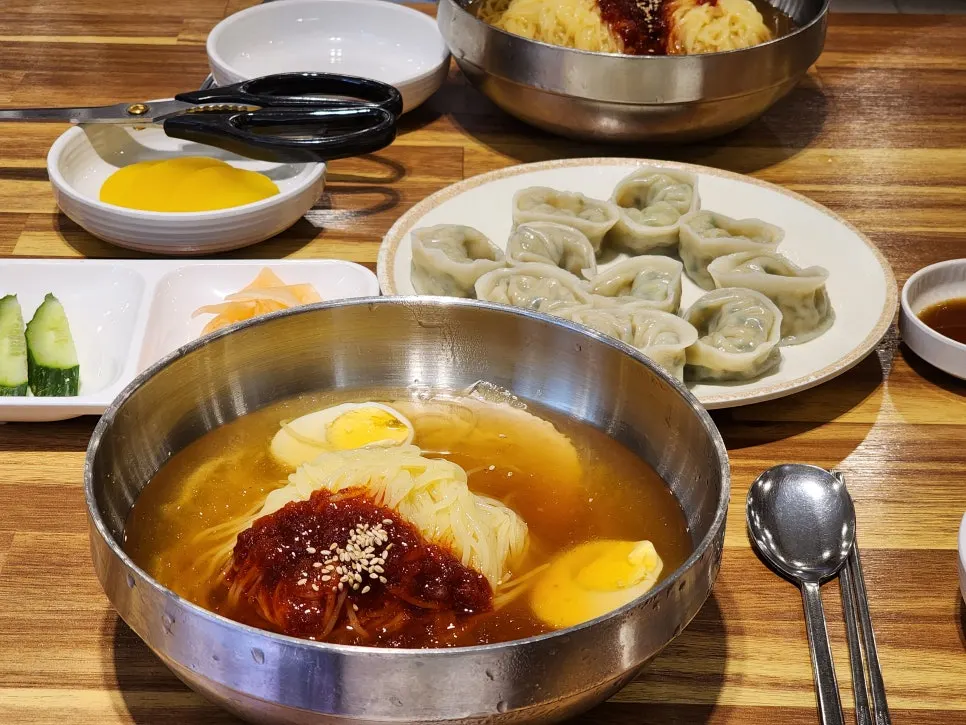 Mul milmyeon with icy broth topped with egg and meat garnish