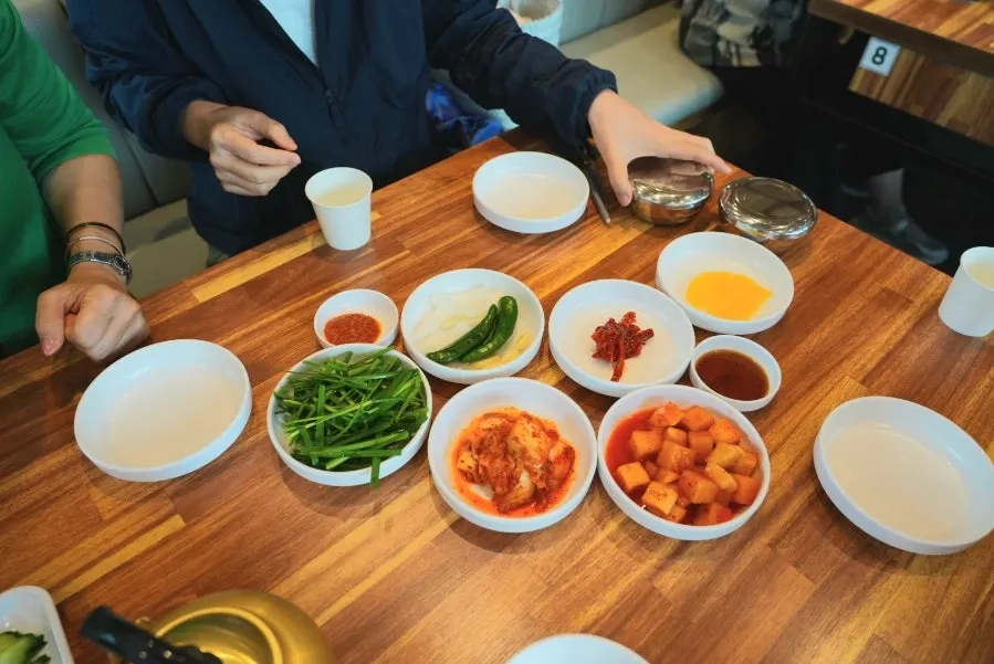 Basic side dishes: napa cabbage kimchi, diced radish kimchi, dried radish strips