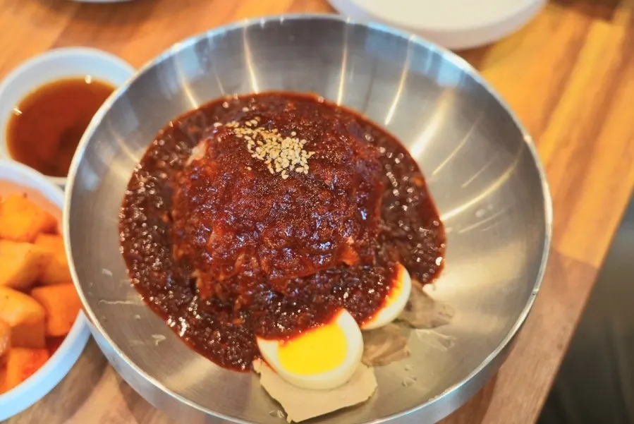 Close-up of mixed bibim milmyeon