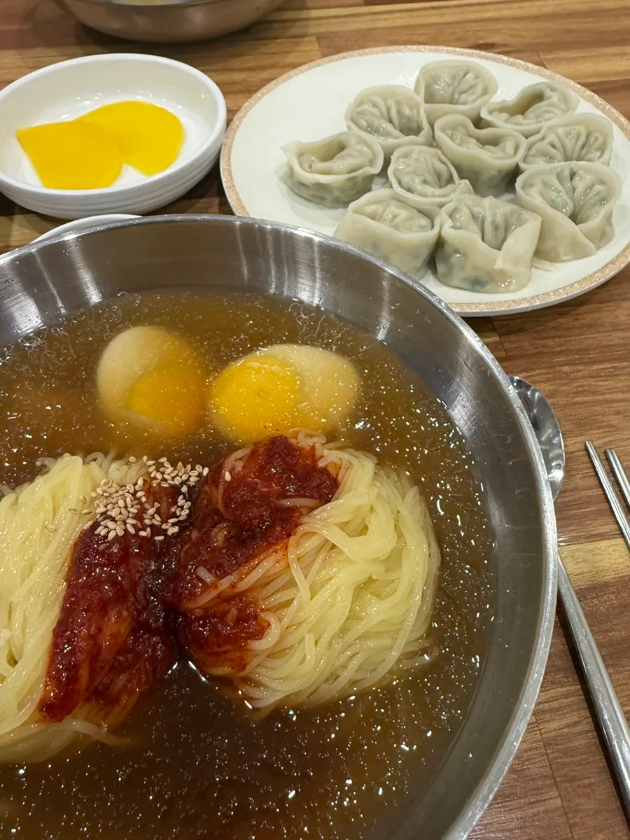 살얼음 육수와 고명이 올려진 밀면