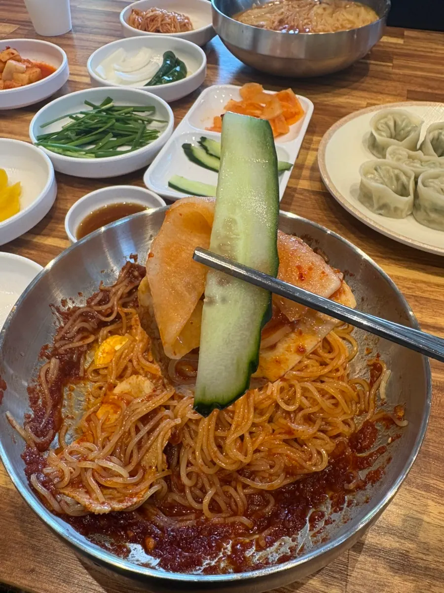 Close-up of the chewy bibim milmyeon noodles