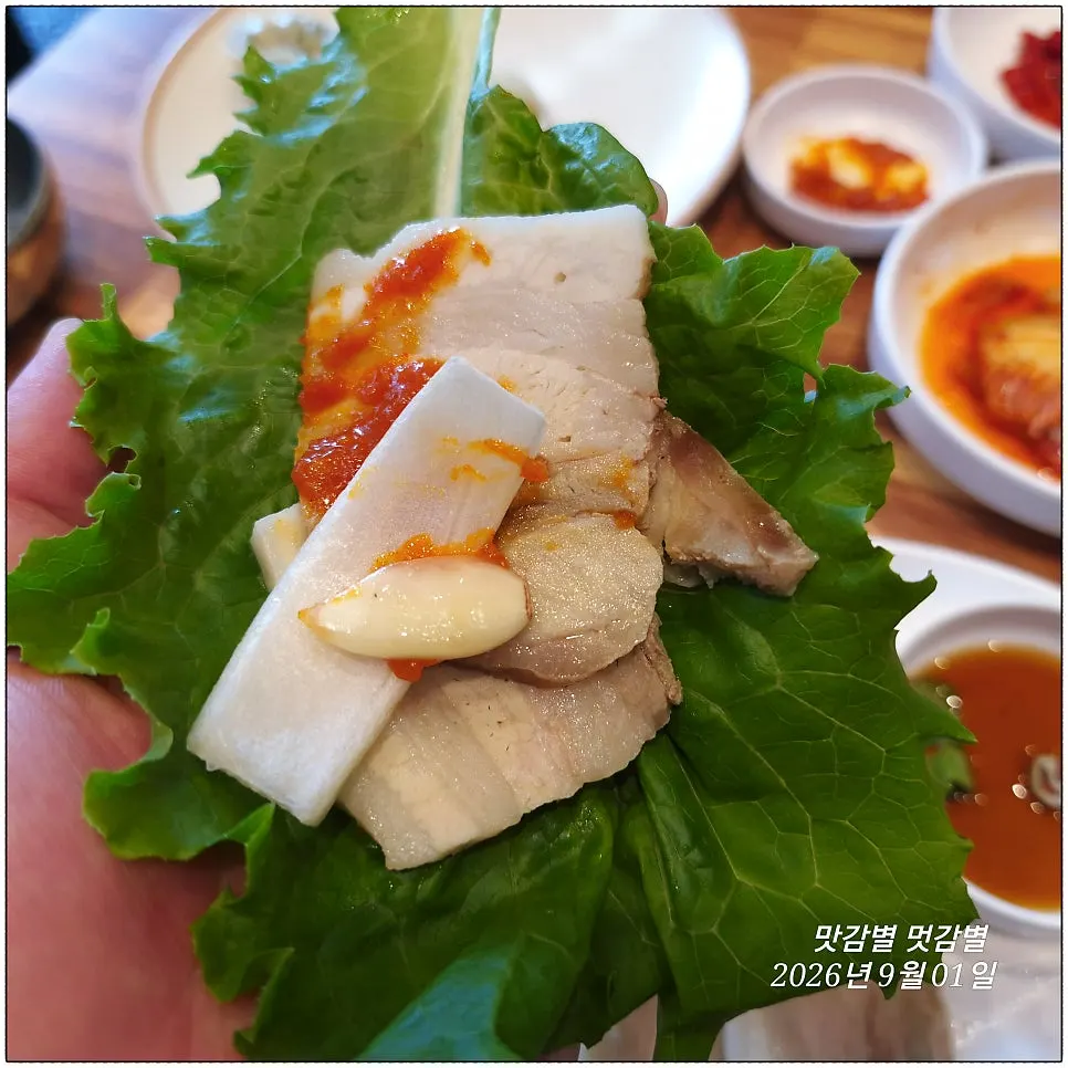 양파 간장 소스에 찍은 수육 한 점