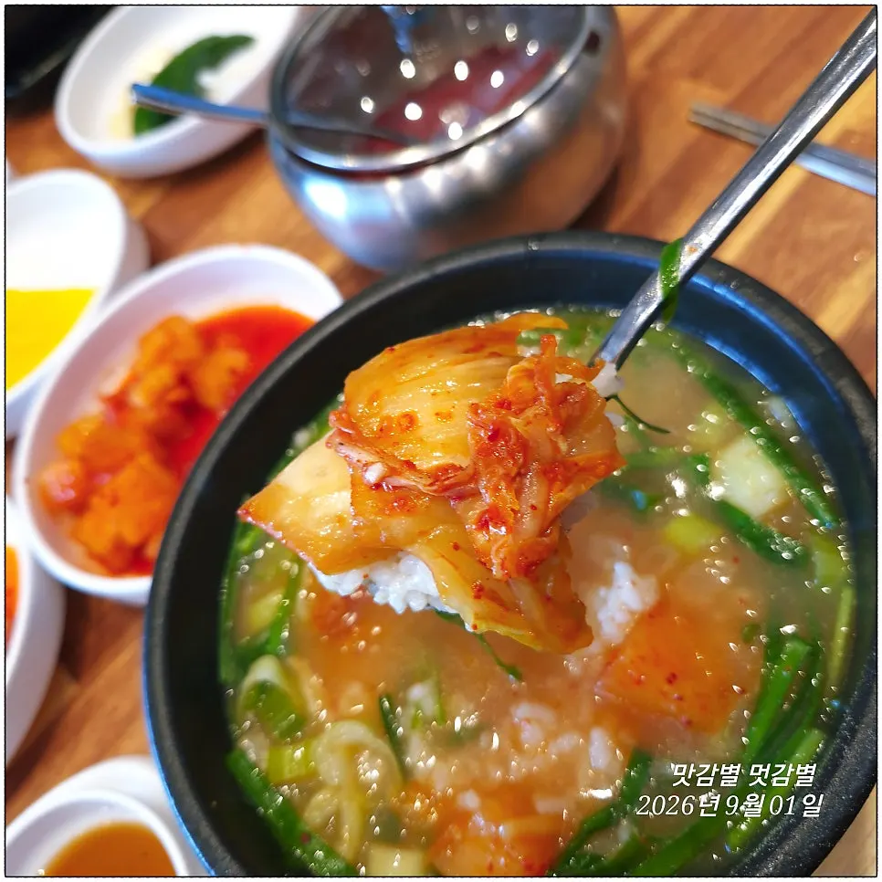 숟가락으로 떠올린 맑은 돼지국밥 국물