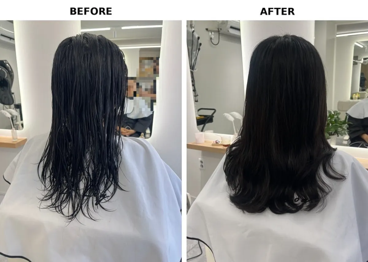 Before and after of the magic setting S-curl perm
