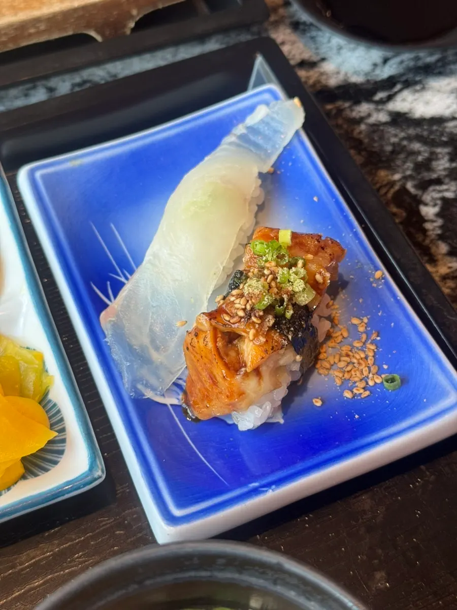 Salmon soy-marinated rice bowl and extra sushi