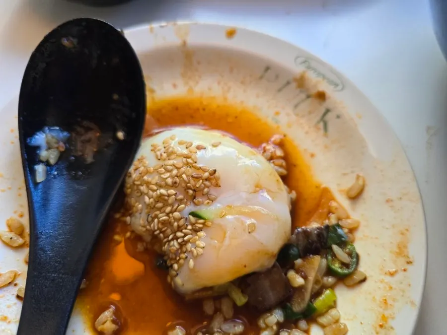 Seafood jjamppong topped with bok choy