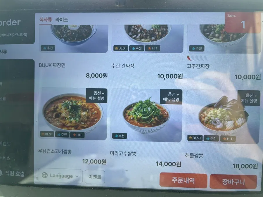 Menu board of noodle dishes at Bueokgan Chinese