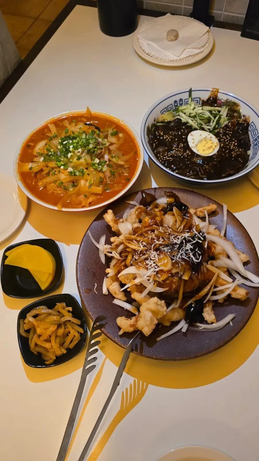 Close-up of a piece of tangsuyuk coated in sauce