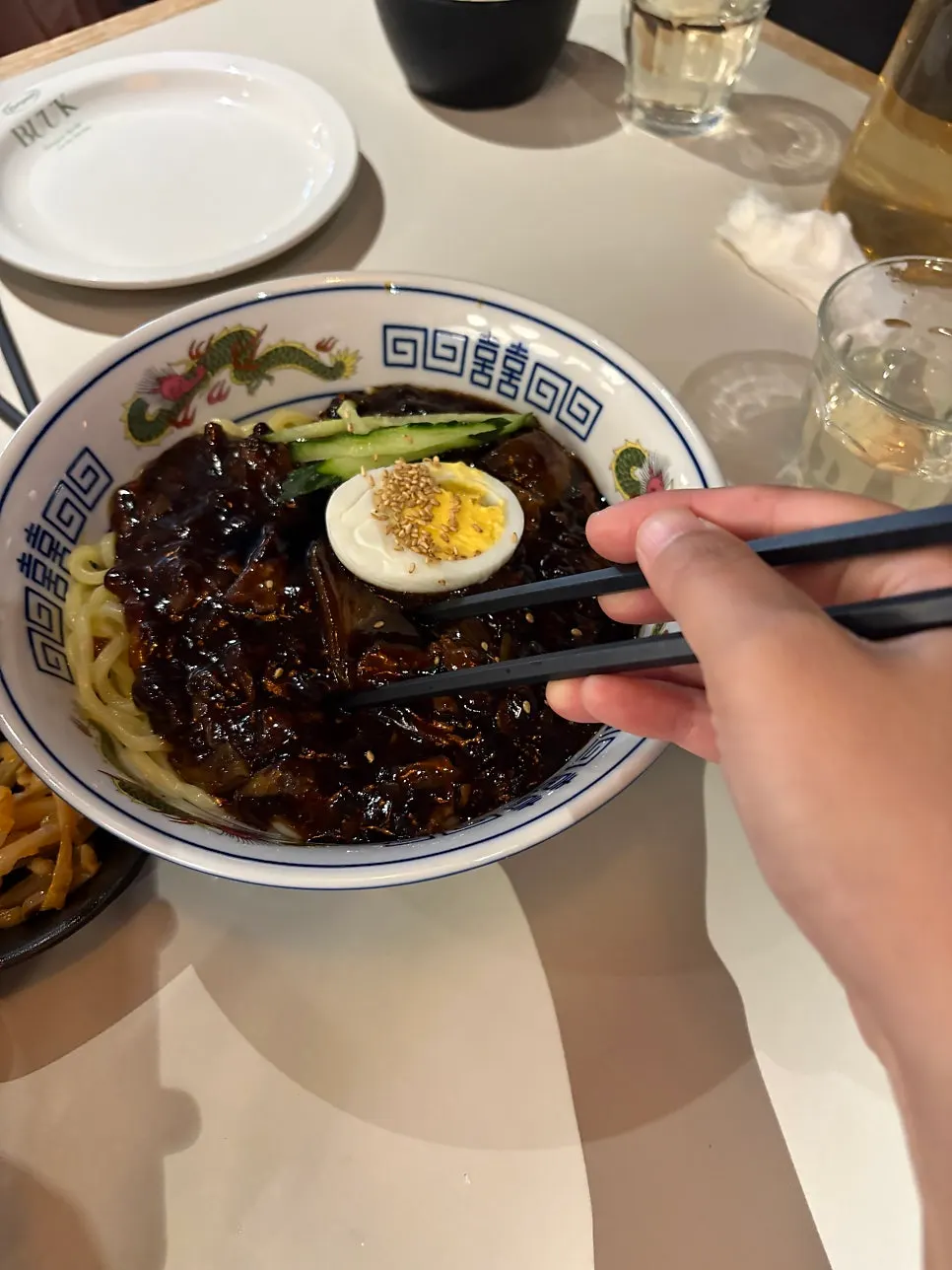Close-up of the jjamppong broth and ingredients