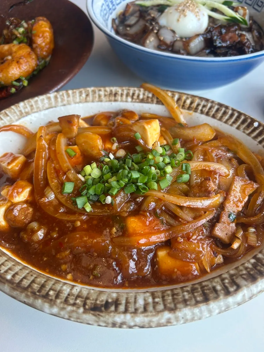 Mapo tofu rice bowl with thick-cut pork belly
