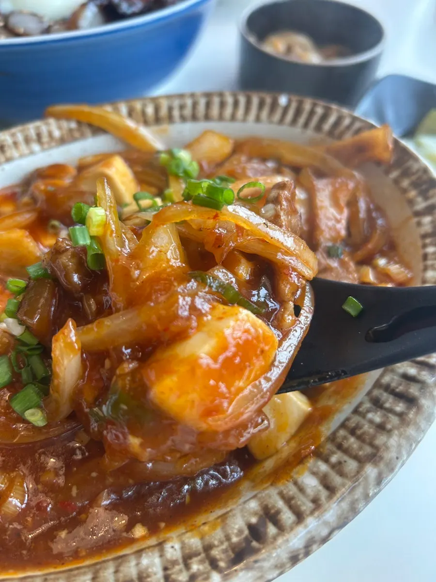 Close-up of the spicy mapo tofu sauce