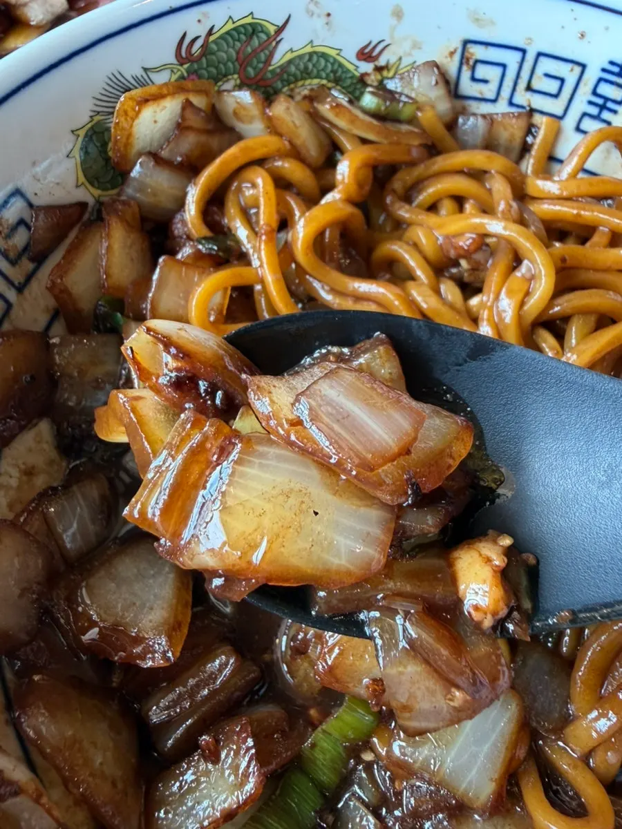Thick handmade noodles lifted up with chopsticks