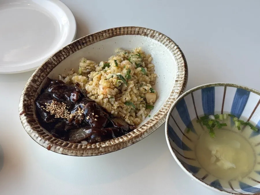 Abalone shrimp fried rice served with egg drop soup