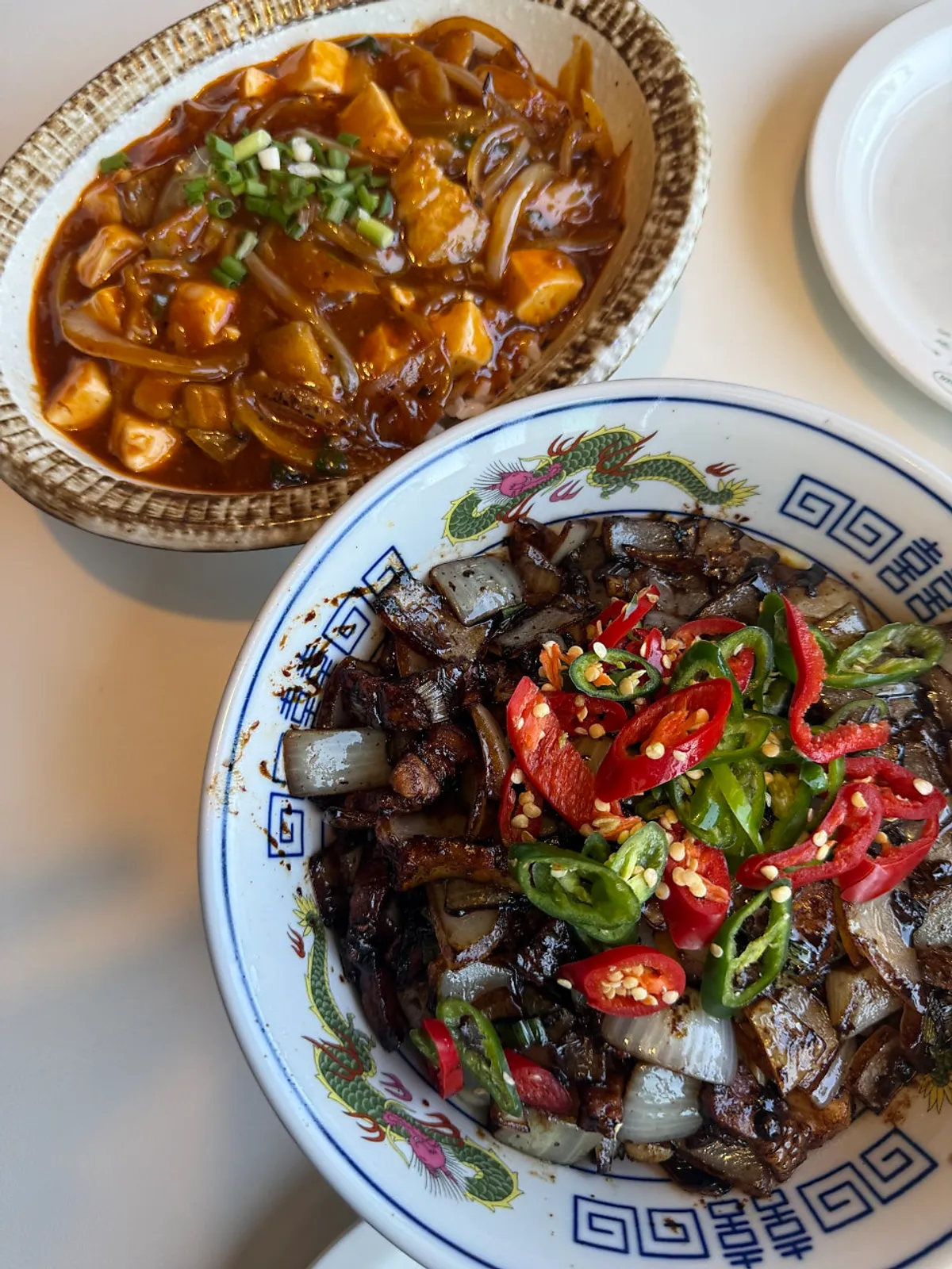 Mapo tofu rice bowl and gochu ganjajang laid out together