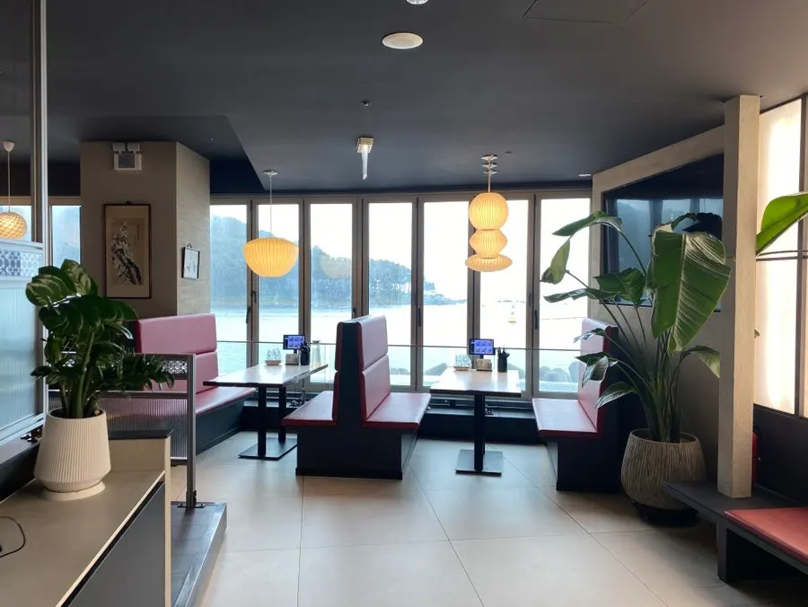 View of the Marine City sea through the window