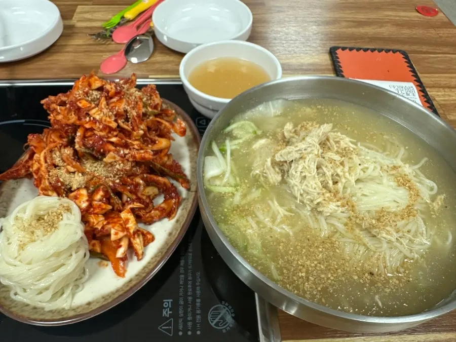 살얼음이 뜬 초계국수 육수와 닭고기