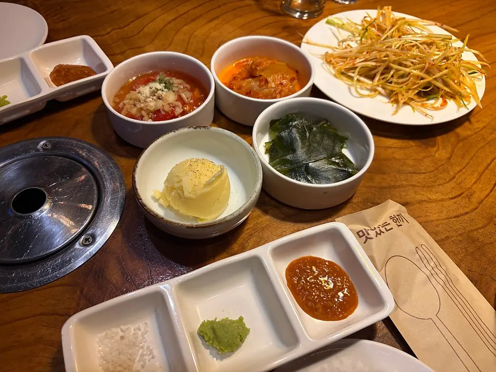 Basic side dishes including potato salad and myeong-i namul