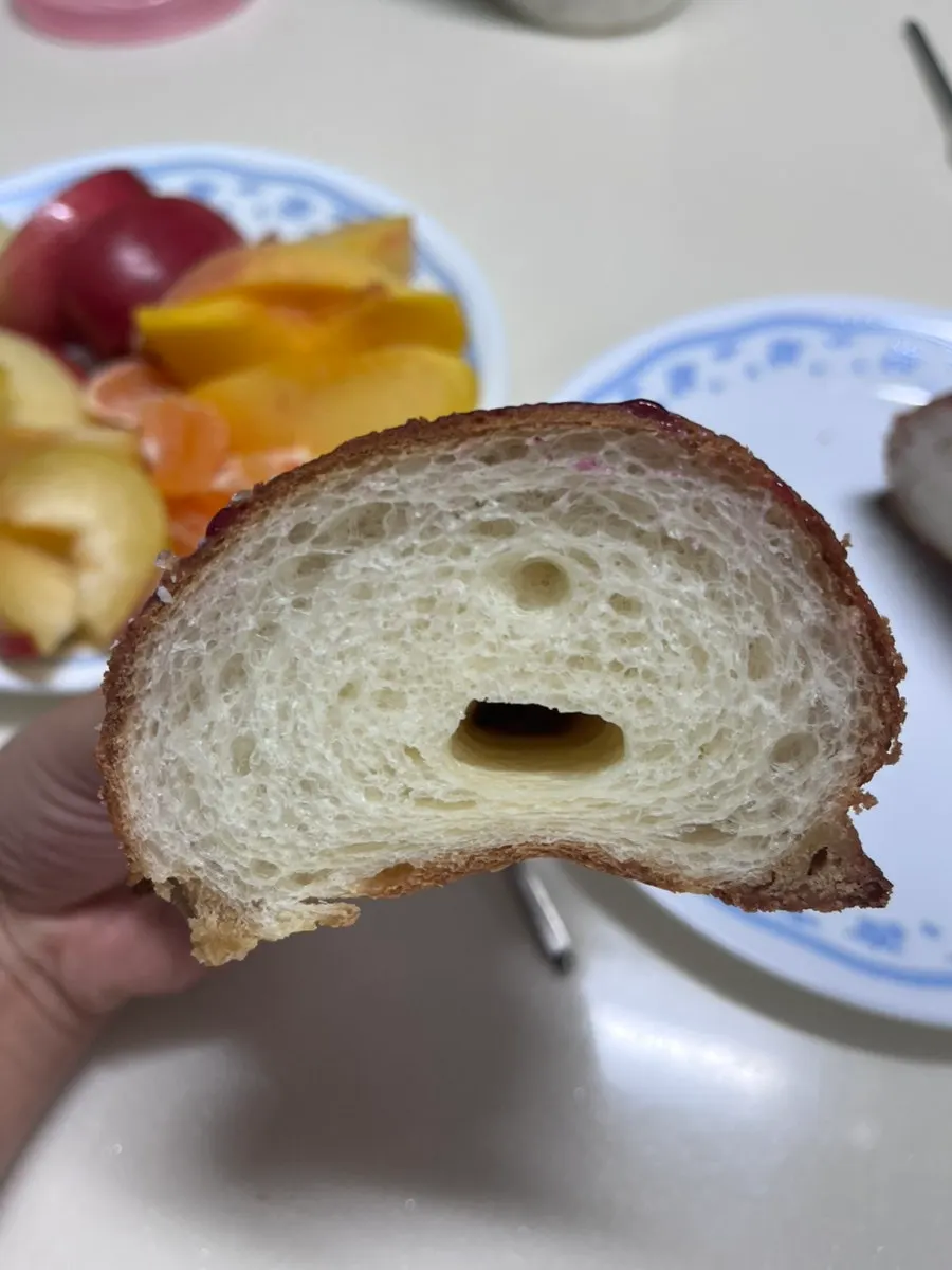 Bitten mocha salt bread showing the inside