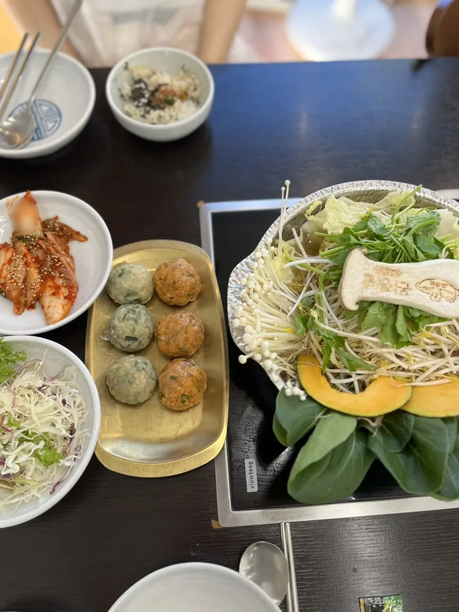Full table setting of the handmade dumpling hot pot for two