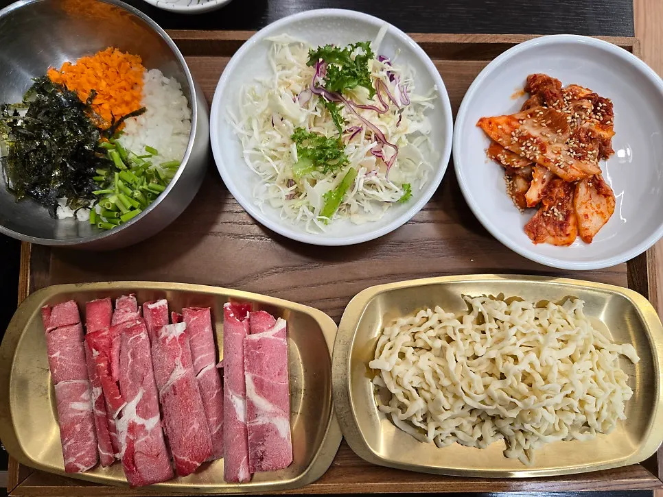 Plate of meat and vegetables for shabu-shabu