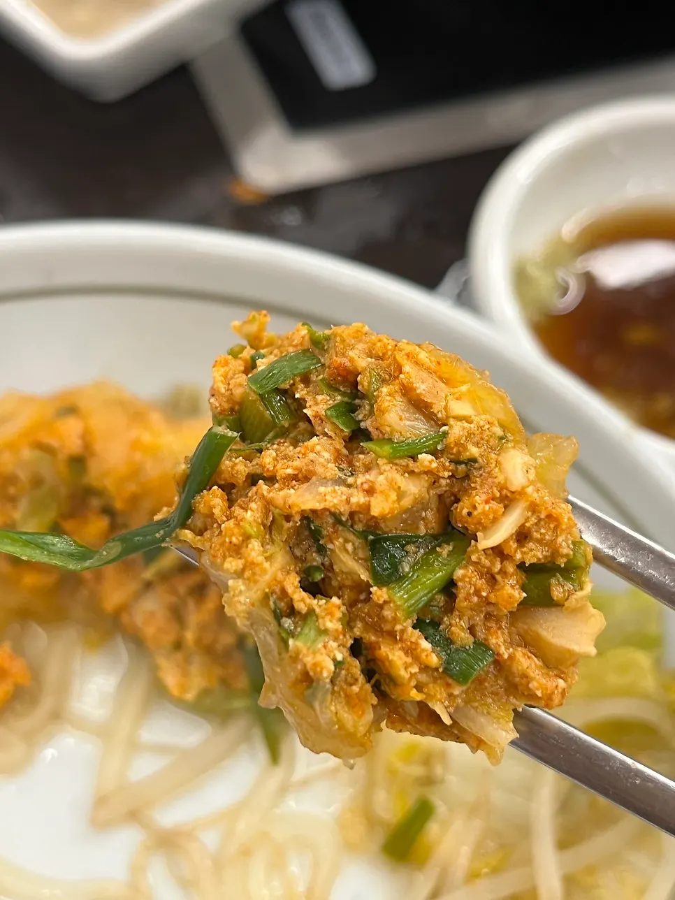Cross-section of a dumpling packed with meat and vegetables