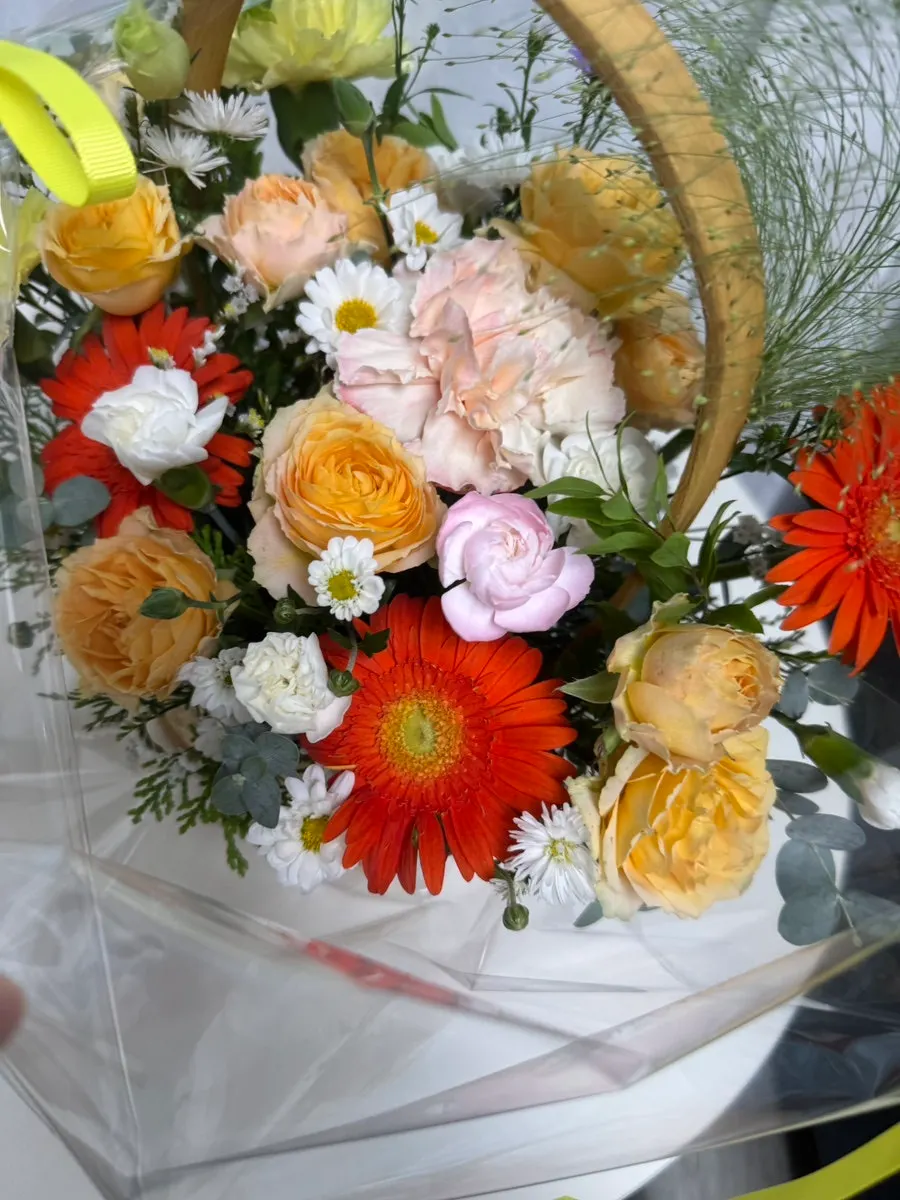 Photo of the yellow flower basket taken at home