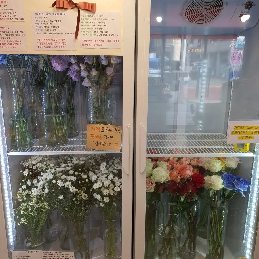 노란 계열 꽃바구니 진열 모습