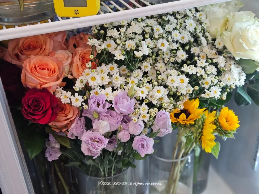 Fresh cut flowers arranged in the flower fridge