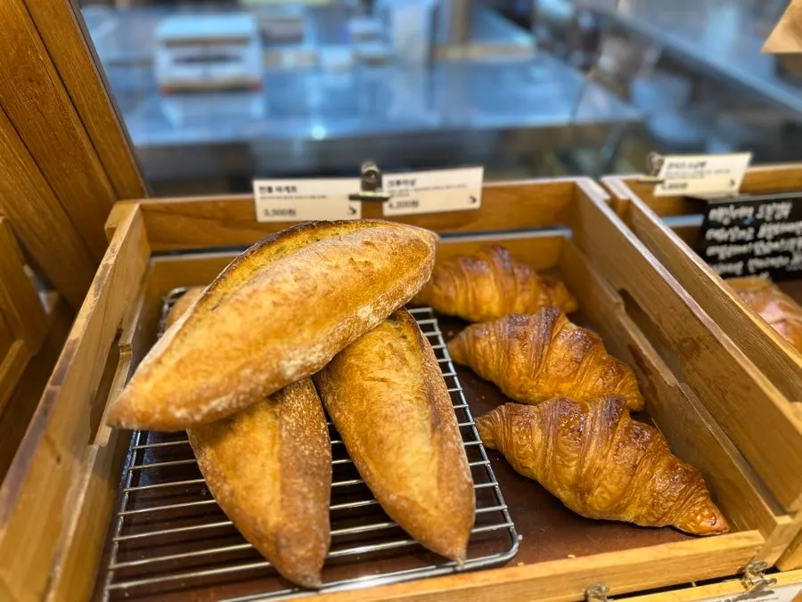 Salt bread display including plain, mocha, and ham cheese